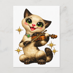 Postal Feliz gato siamés tocando el violín retro mediados