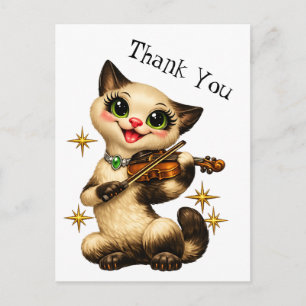Postal Feliz gato siamés tocando violín retro gracias