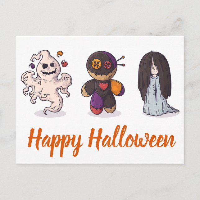Postal Feliz Ghost Voodoo Doll y Chica de Halloween (Anverso)