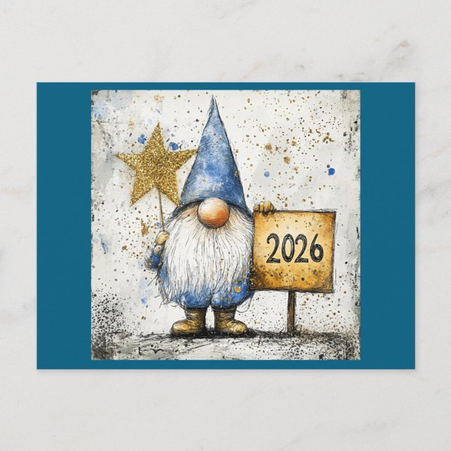 Postal Feliz Gnome de Año Nuevo, 2026, (Anverso)