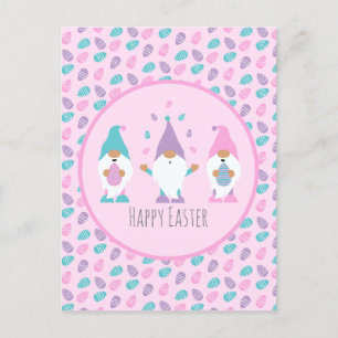 Postal Feliz Gnome de Pascua jadeando huevos de Pascua