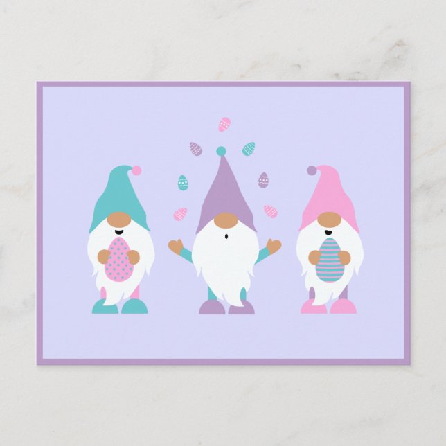 Postal Feliz Gnome de Pascua jadeando huevos de Pascua (Anverso)