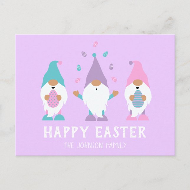 Postal Feliz Gnome de Pascua jadeando huevos de Pascua (Anverso)
