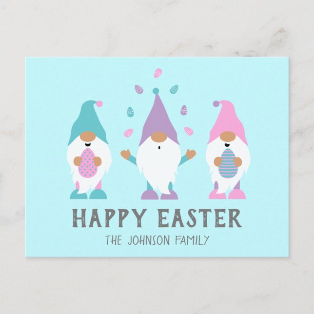 Postal Feliz Gnome de Pascua jadeando huevos de Pascua (Anverso)