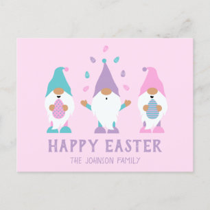 Postal Feliz Gnome de Pascua jadeando huevos de Pascua