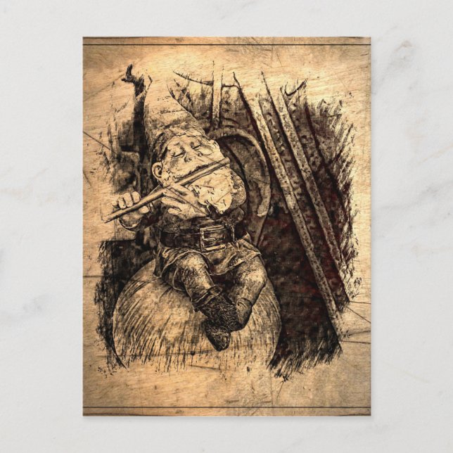 Postal Feliz Gnome sentado en un hongo tocando una flauta (Anverso)