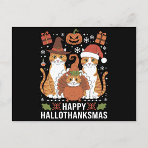 Postal Feliz Hallothanksmas Gatos Halloween Navidad 