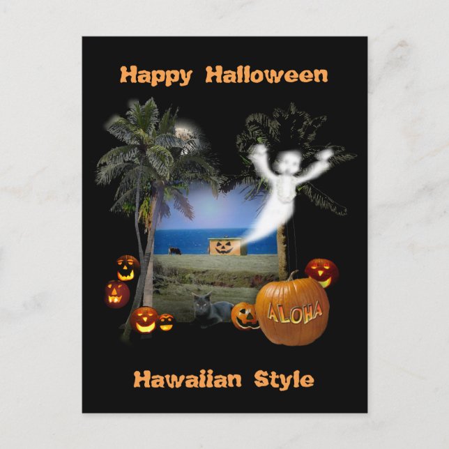 Postal Feliz Halloween al estilo hawaiano (Anverso)