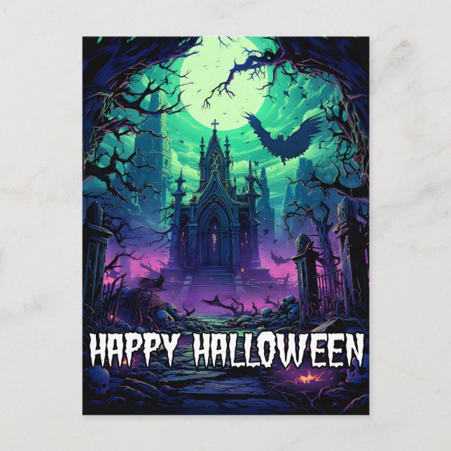 Postal Feliz Halloween | Alarmante casa embrujada (Anverso)