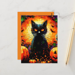 Postal Feliz Halloween Black Cat Bats Pumpkins
