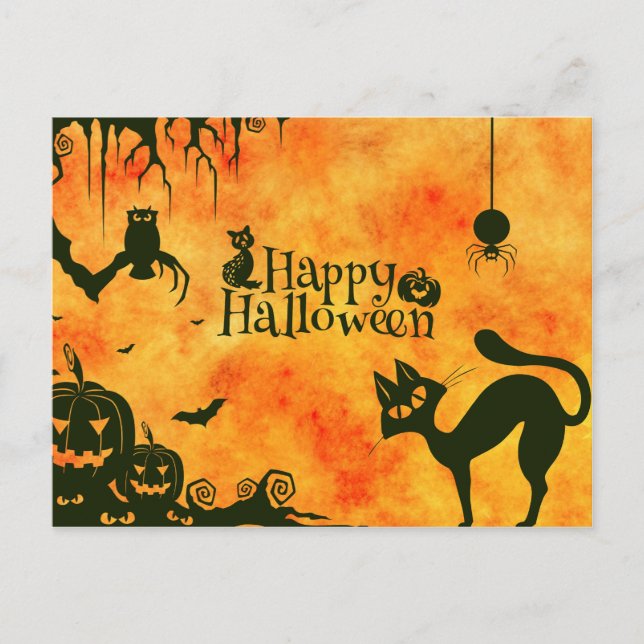 Postal Feliz Halloween Black cat, búho, calabazas (Anverso)