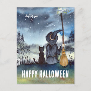 Postal Feliz Halloween Black Cat Witch