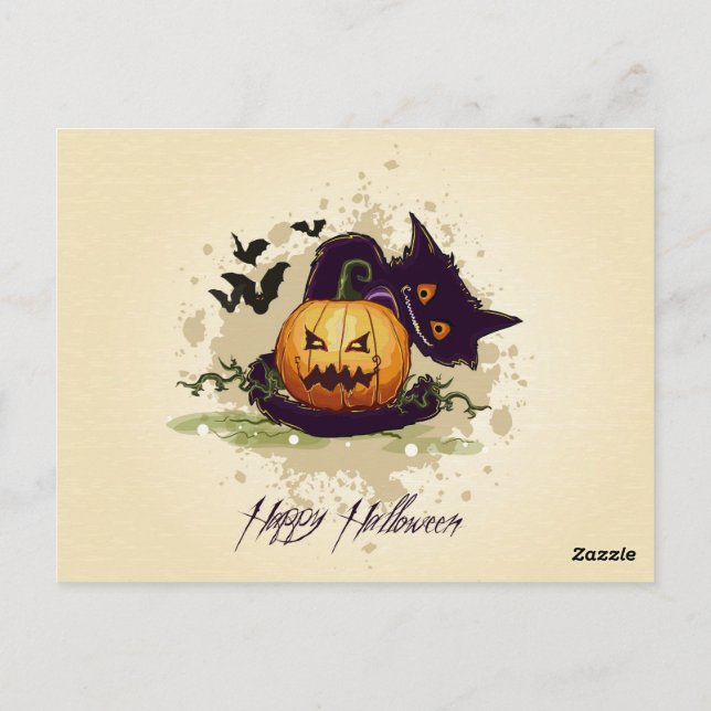 Postal Feliz Halloween Black Cat y Jack Postcard (Reverso)