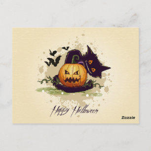 Postal Feliz Halloween Black Cat y Jack Postcard