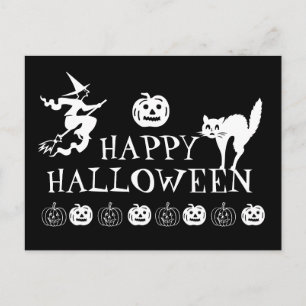 Postal Feliz Halloween blanco negro espantado