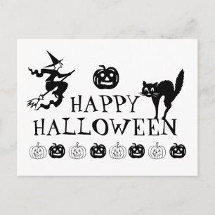 Postal Feliz Halloween blanco negro espeluznante lindo