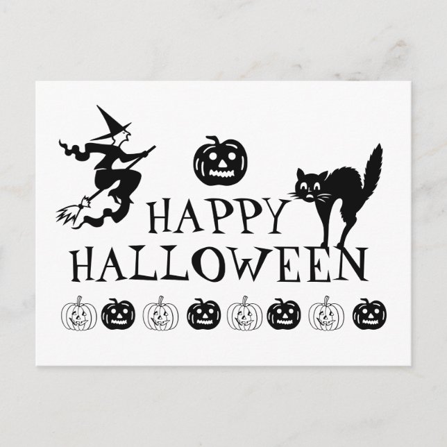 Postal Feliz Halloween blanco negro espeluznante lindo (Anverso)