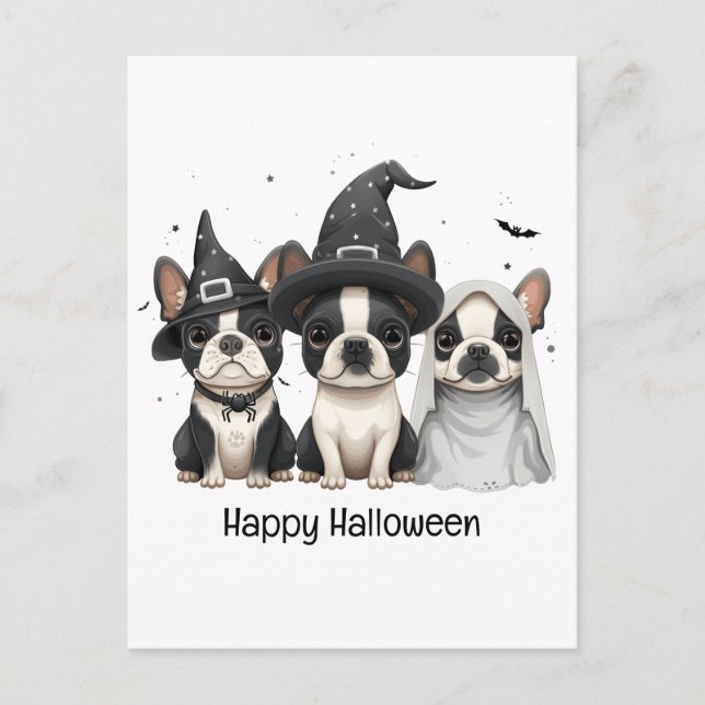 Postal Feliz Halloween Boston Terrier Dogs (Anverso)
