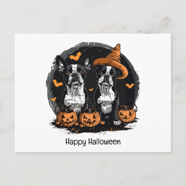 Postal Feliz Halloween Boston Terrier Dogs (Anverso)