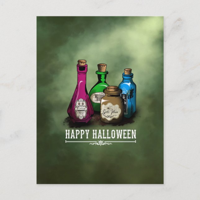 Postal ¡Feliz Halloween! Botellas de Poción de Brujas (Anverso)