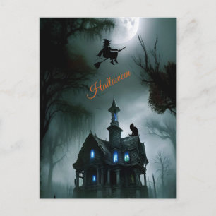 Postal Feliz Halloween Bruja Asustadiza Casa Embrujada
