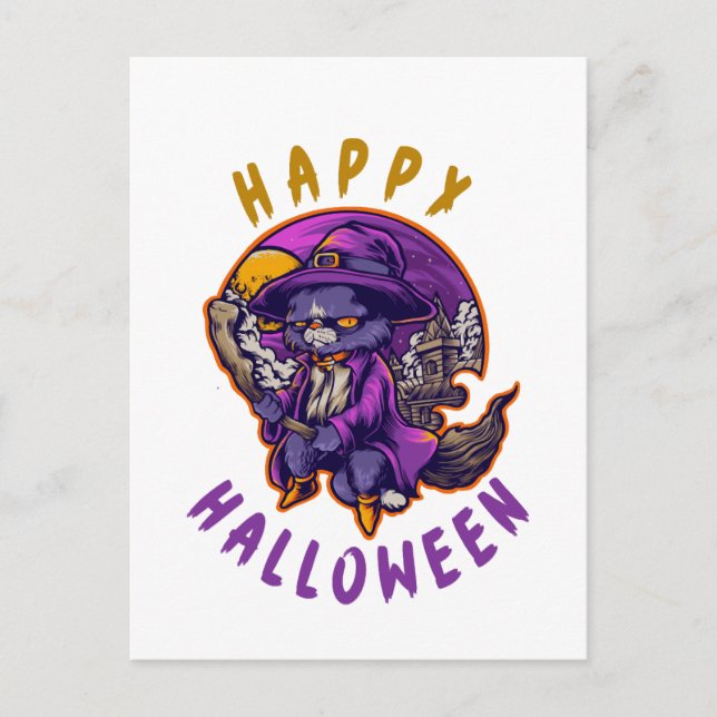 Postal Feliz Halloween Bruja de Halloween Gato (Anverso)