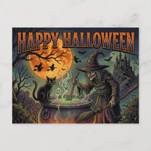 Postal Feliz Halloween Bruja Gato Negro Luna Llena Retro 