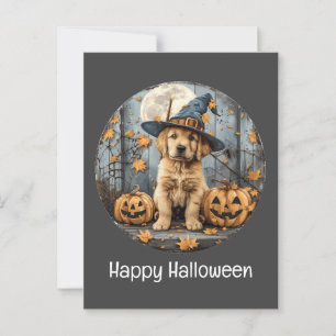 Postal Feliz Halloween Bruja Golden Retriever Dog Pumpkin