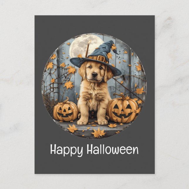 Postal Feliz Halloween Bruja Golden Retriever Dog Pumpkin (Anverso)