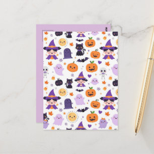 Postal Feliz Halloween Brujas Fantasmas Gatos Murciélagos