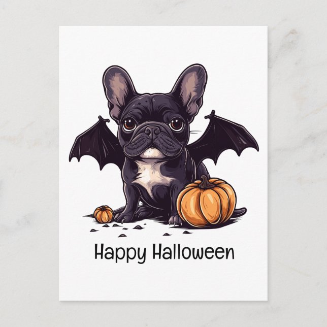 Postal Feliz Halloween Bulldog francés Bat Wings (Anverso)