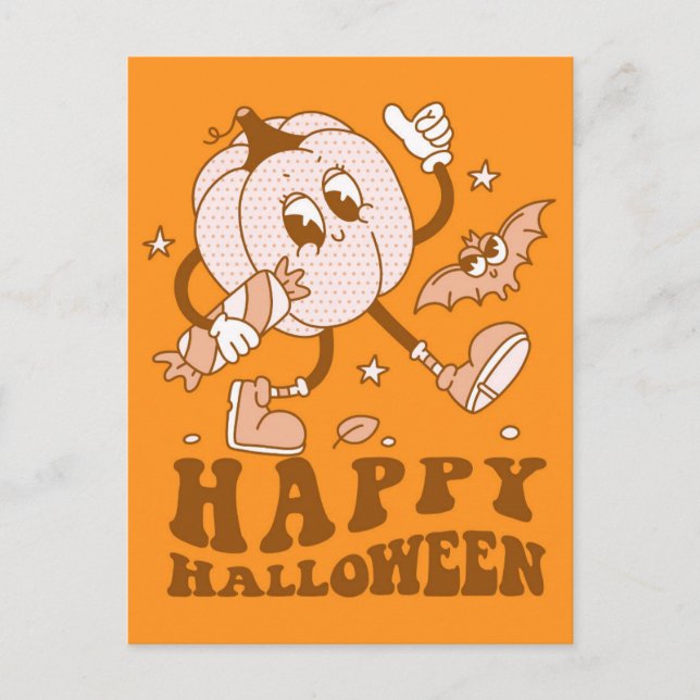 Postal Feliz Halloween| Calabaza de punto de Polka retro (Anverso)