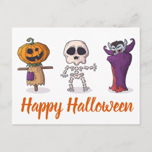 Postal Feliz Halloween Calabaza, Esqueleto y Drácula