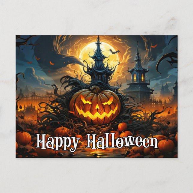 Postal Feliz Halloween | Calabaza Nefariana brillante (Anverso)