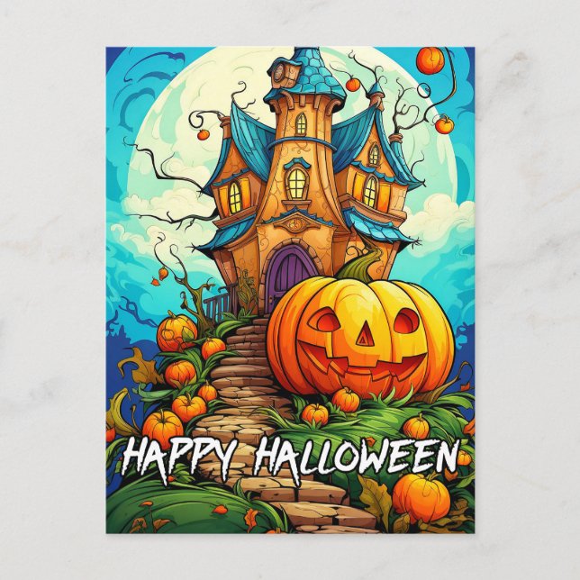 Postal Feliz Halloween | Calabaza y casa embrujada (Anverso)
