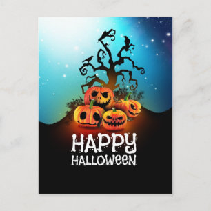 Postal ¡Feliz Halloween! ¡Calabazas bajo un árbol tremend