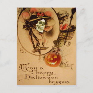 Postal Feliz Halloween Calavera Zombie Muerto Linterna de