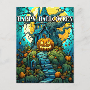 Postal Feliz Halloween Casa de Haunted iluminada por la l