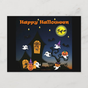 Postal Feliz Halloween Casa Embrujada