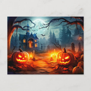 Postal Feliz Halloween Casa Embrujada Siniestra y Calabaz