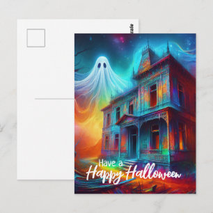 Postal Feliz Halloween Casa Embrujada y Fantasma