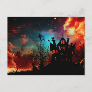 Postal Feliz Halloween, casa y bruja embrujada