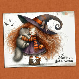 Postal Feliz Halloween: Chica de brujas y gato negro