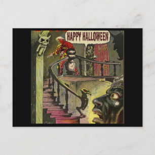 Postal Feliz Halloween con casa y fantasma perseguidos