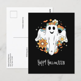 Postal Feliz Halloween con el retro fantasma Hippie