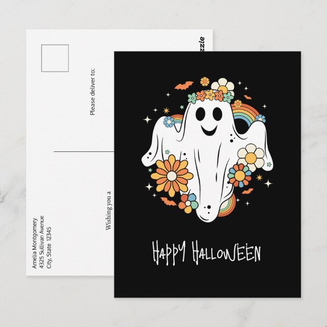 Postal Feliz Halloween con el retro fantasma Hippie (Anverso / Reverso)