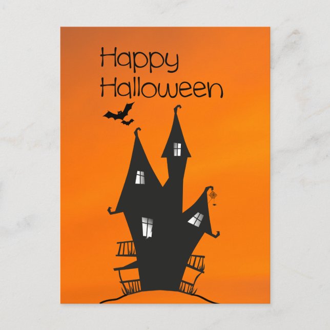 Postal Feliz Halloween con una casa de brujas embrujada (Anverso)