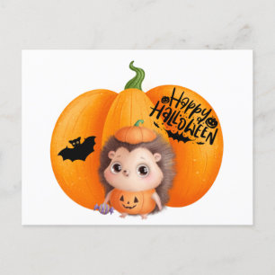 Postal Feliz Halloween Cuida Bebé Hedgehog y Calabaza