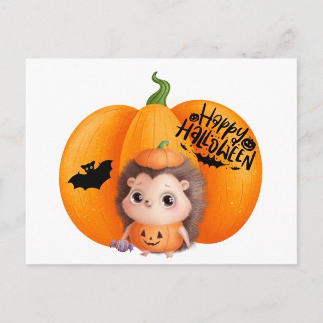Postal Feliz Halloween Cuida Bebé Hedgehog y Calabaza (Anverso)