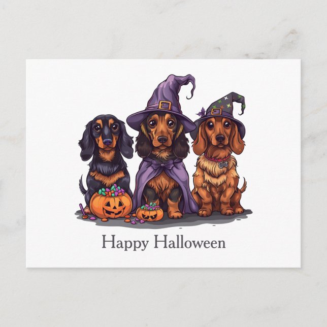 Postal Feliz Halloween Dachshund Perros Brujos (Anverso)
